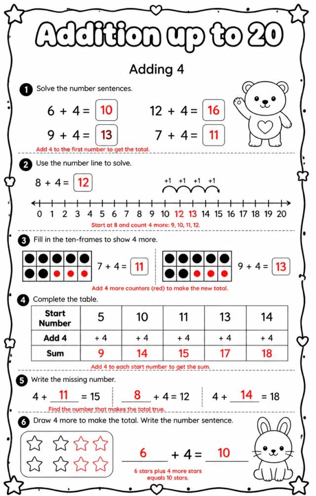 Answer key for Adding 4 — free printable Math worksheet