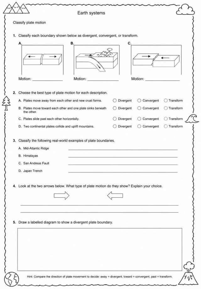 Classify plate motion — free printable Middle School Science worksheet