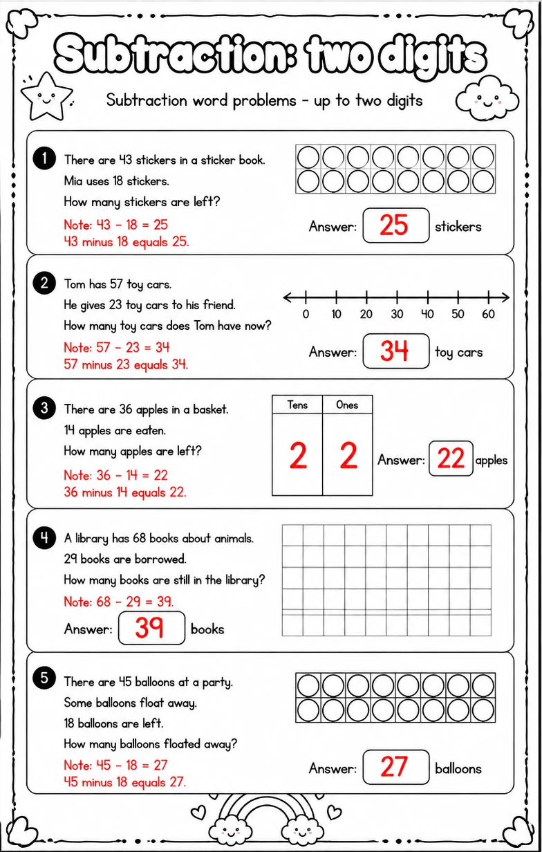 Answer key for Subtraction word problems - up to two digits — free printable Math worksheet