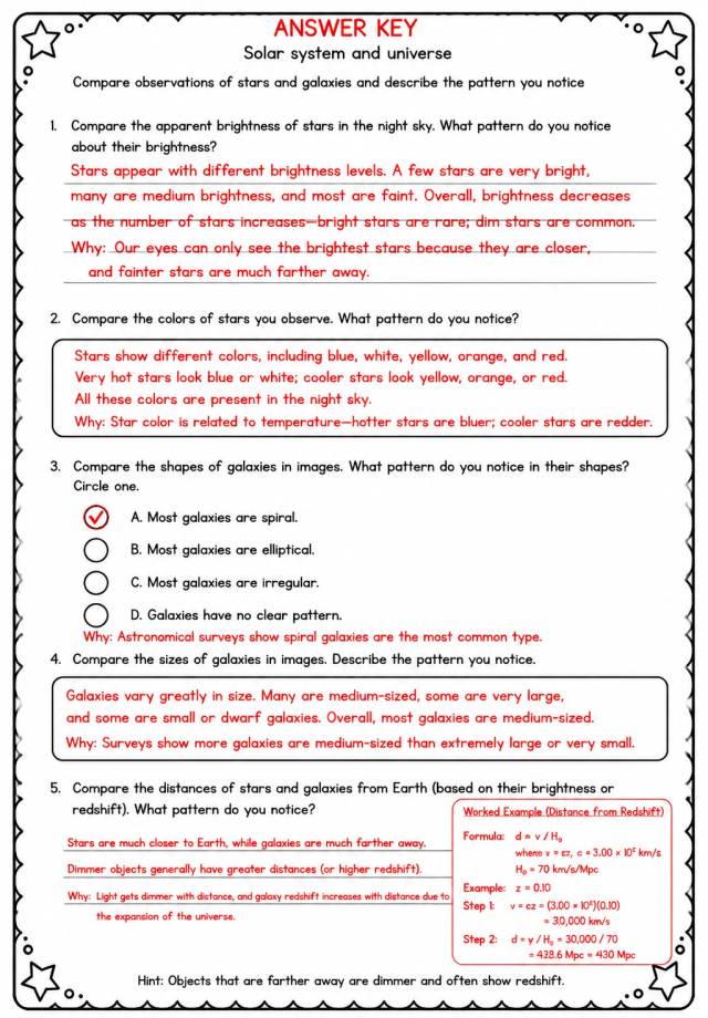 Answer key for Compare observations of stars and galaxies and describe the pattern you notice — free printable Science worksheet