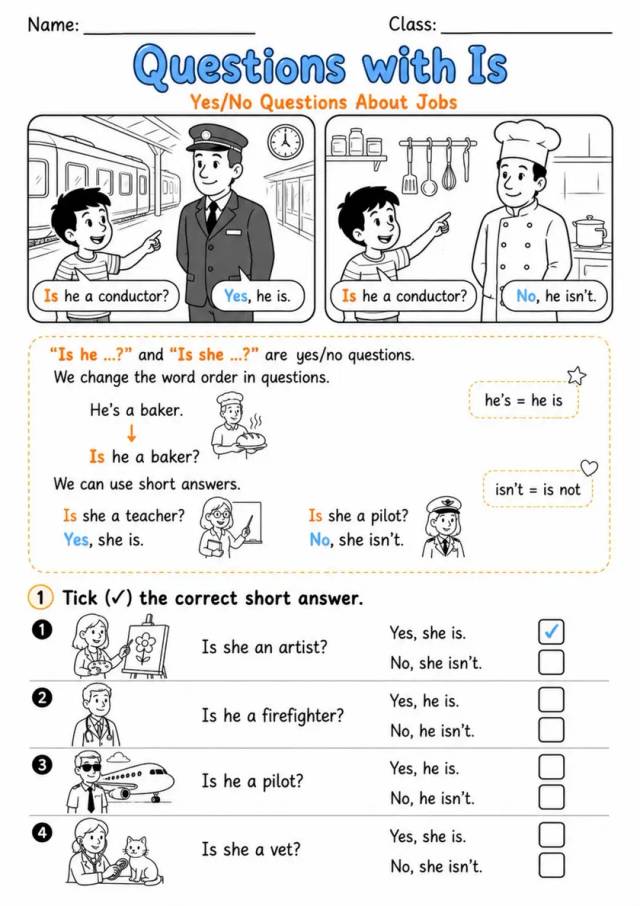 Is He or Is She? Job Questions | Grade 1 Grammar Worksheet grade 1 printable PDF preview