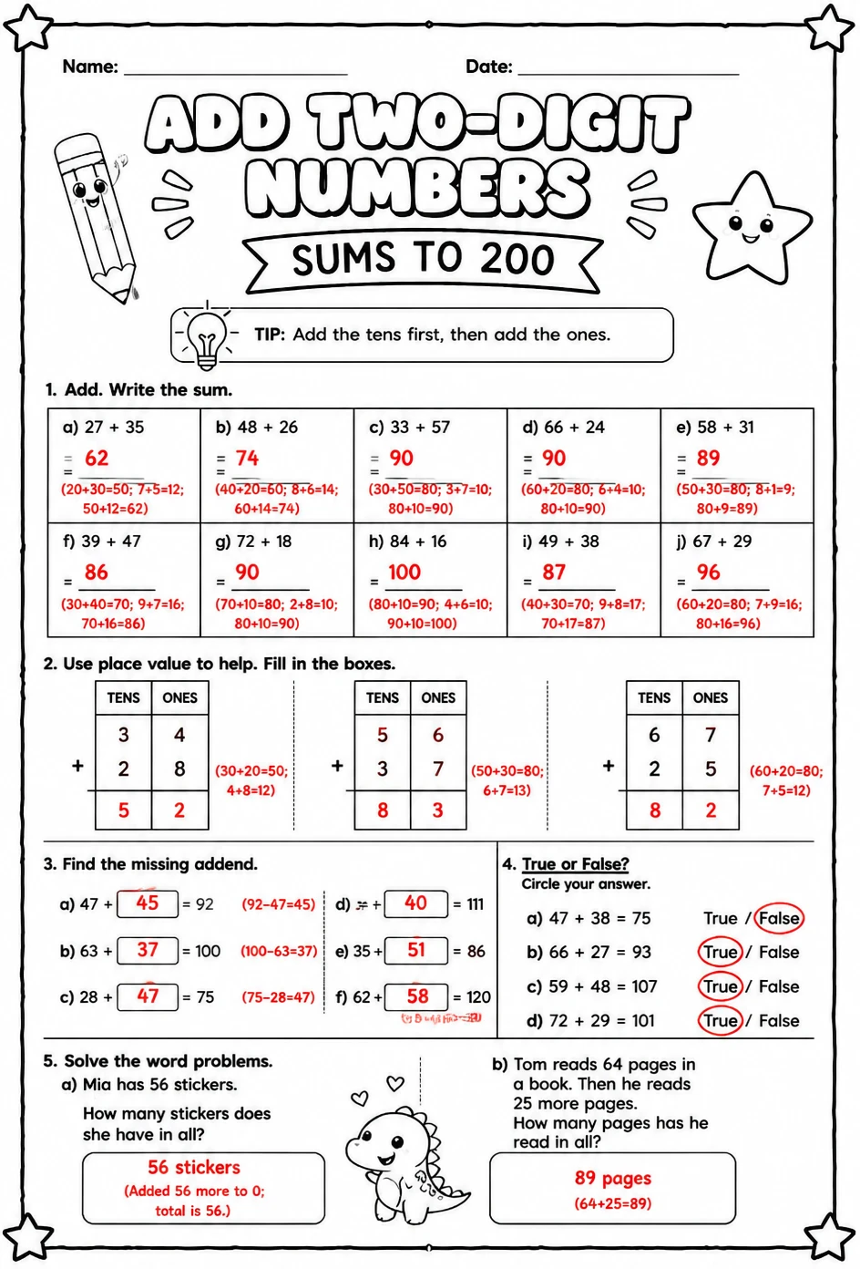 Answer key for Add two-digit numbers - sums to 200 — free printable Math worksheet