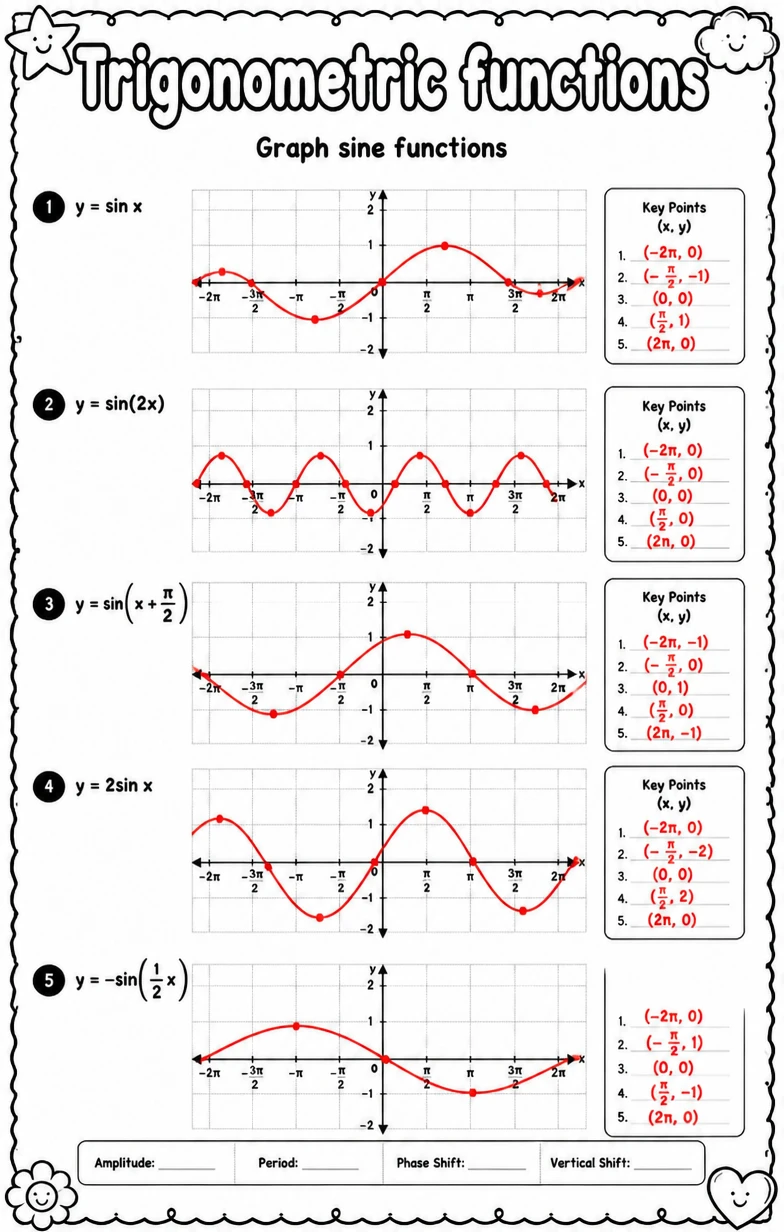 Answer key for Graph sine functions — free printable Math worksheet