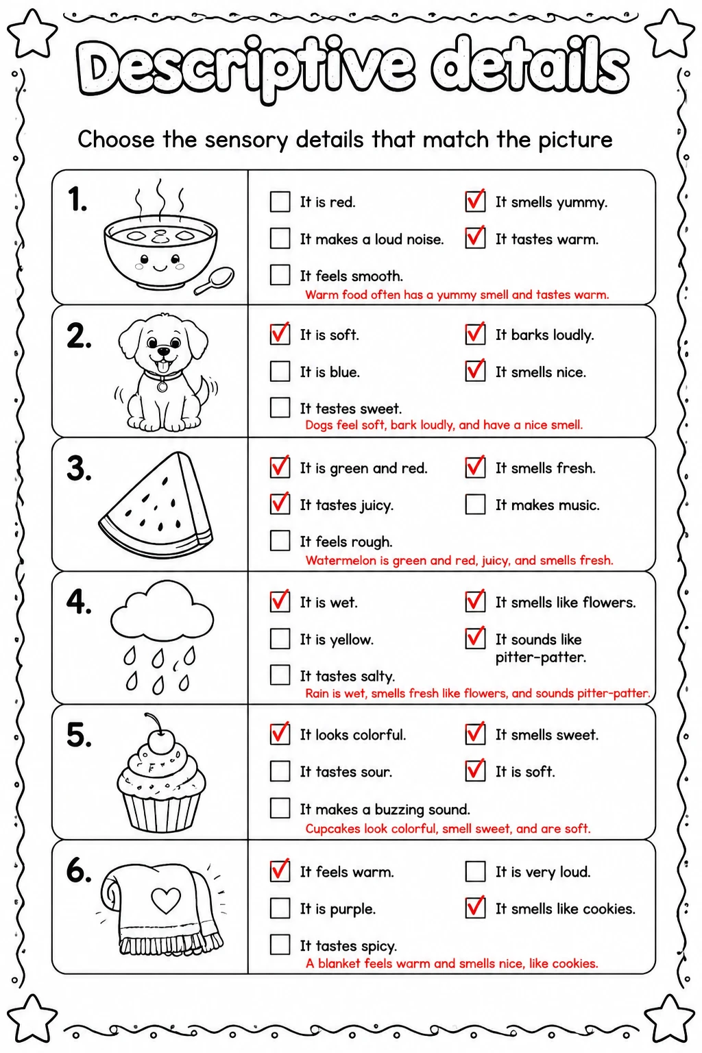 Answer key for Choose the sensory details that match the picture — free printable English & Reading worksheet