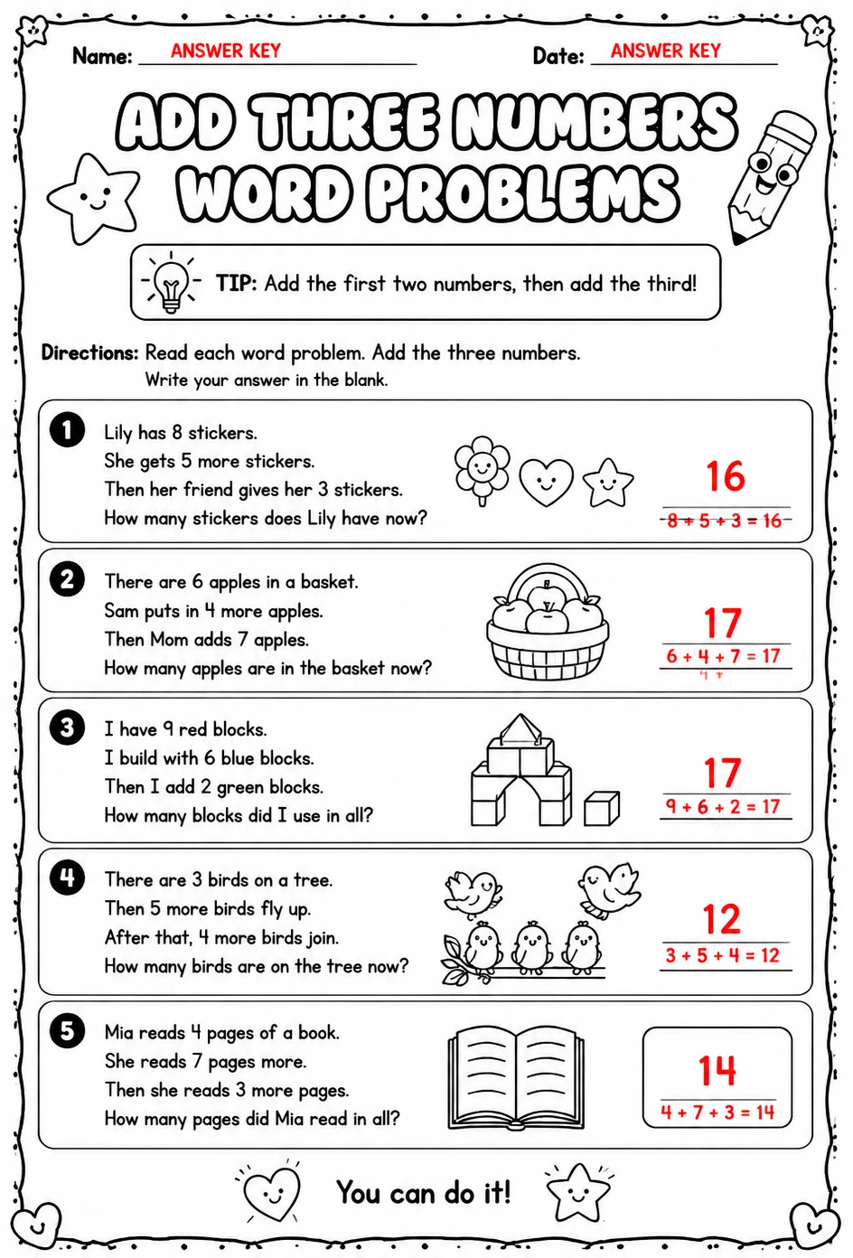 Answer key for Add three numbers - word problems — free printable Math worksheet