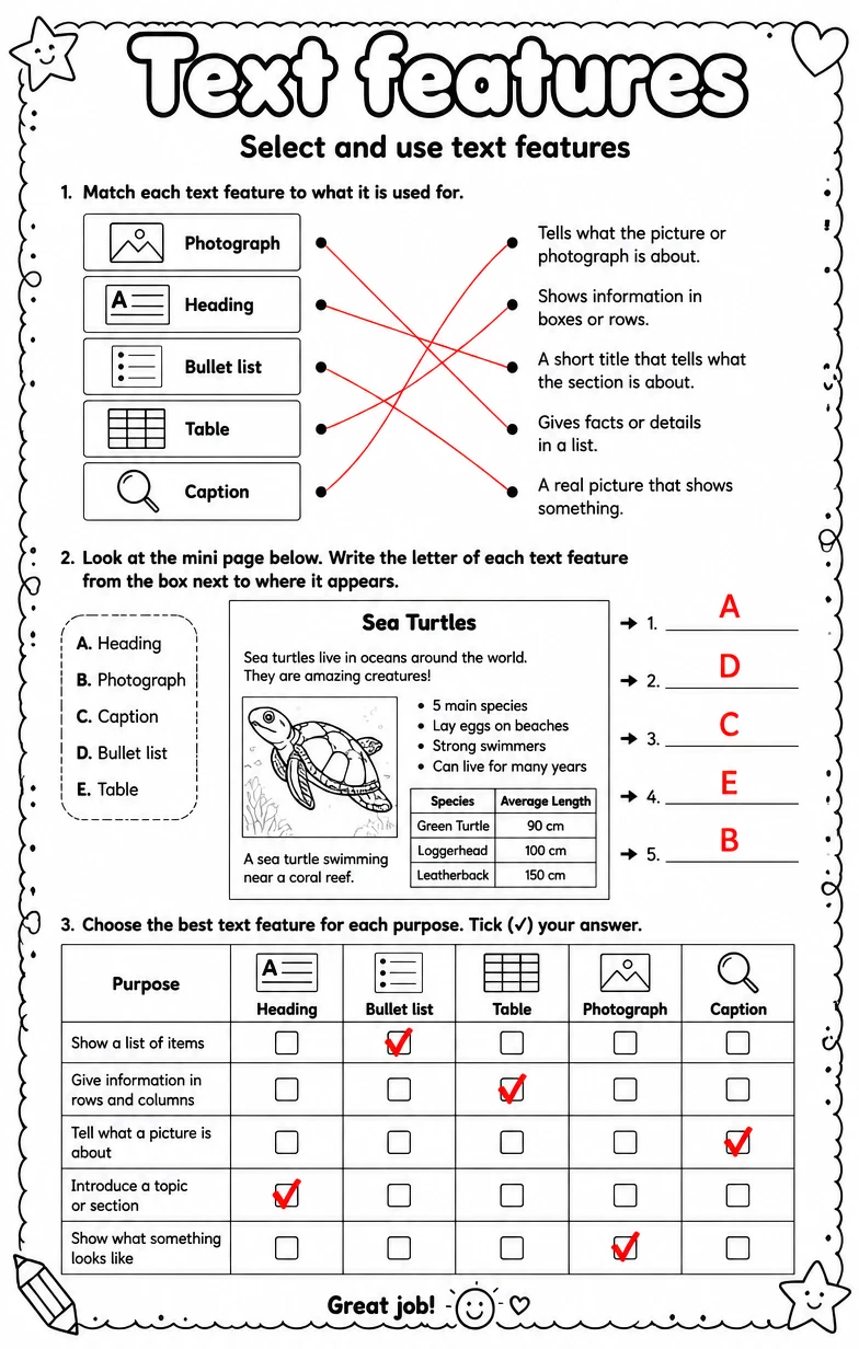 Answer key for Select and use text features — free printable English & Reading worksheet
