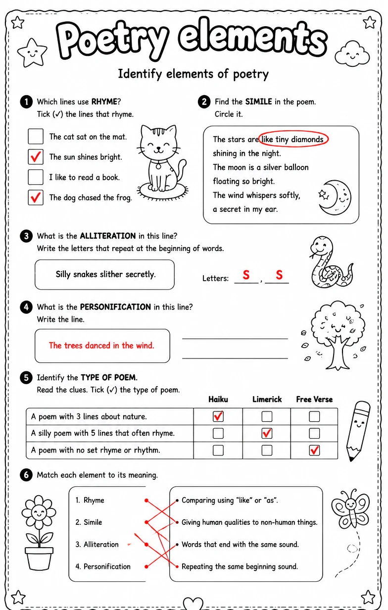 Answer key for Identify elements of poetry — free printable English & Reading worksheet