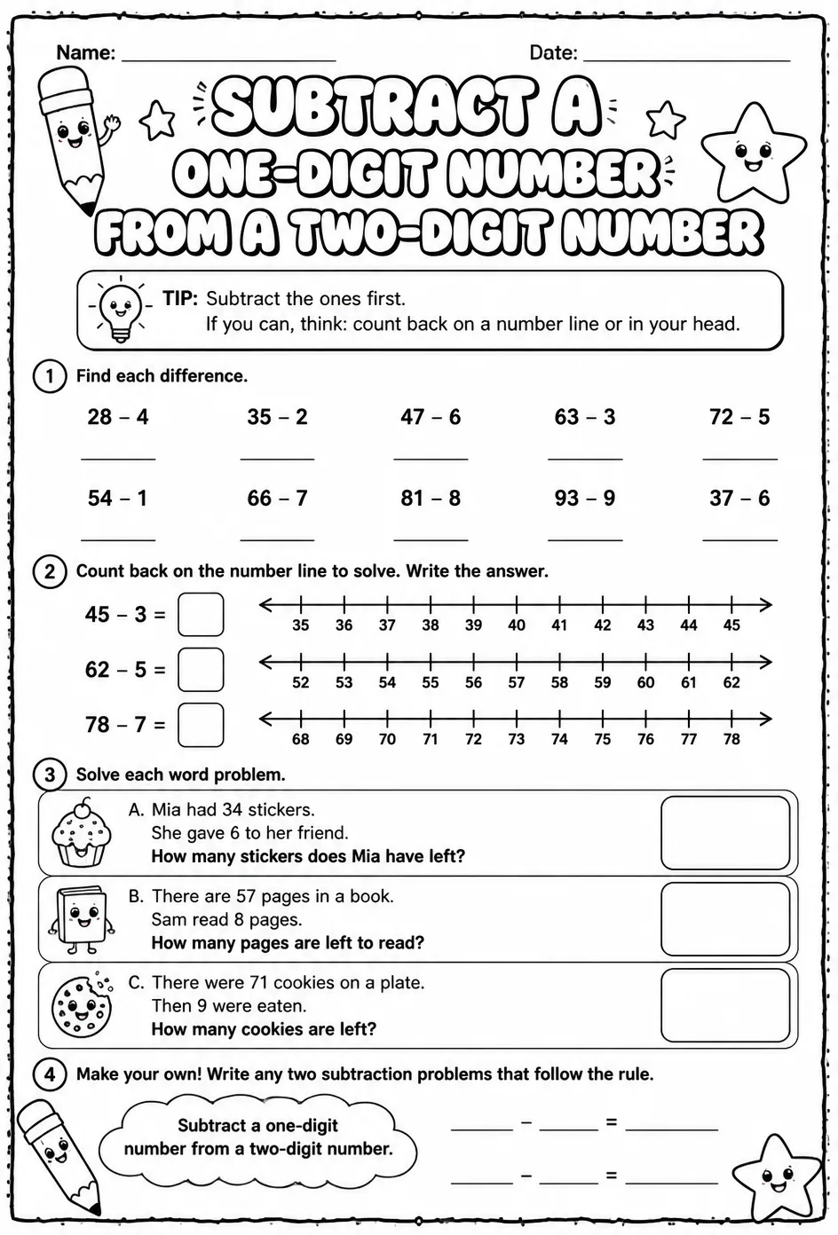 Subtract a one-digit number from a two-digit number — free printable Grade 2 math worksheet