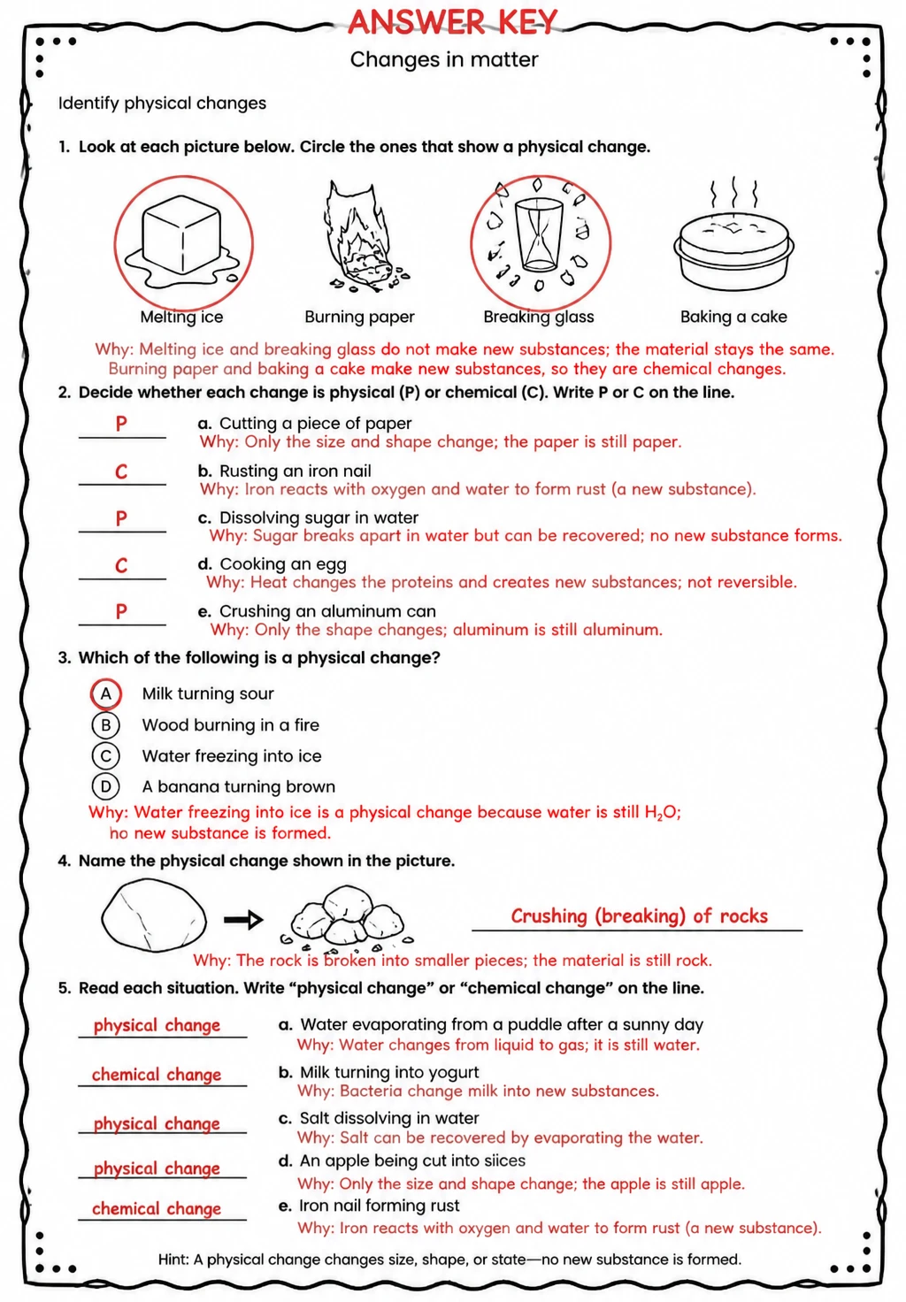 Answer key for Identify physical changes — free printable Science worksheet