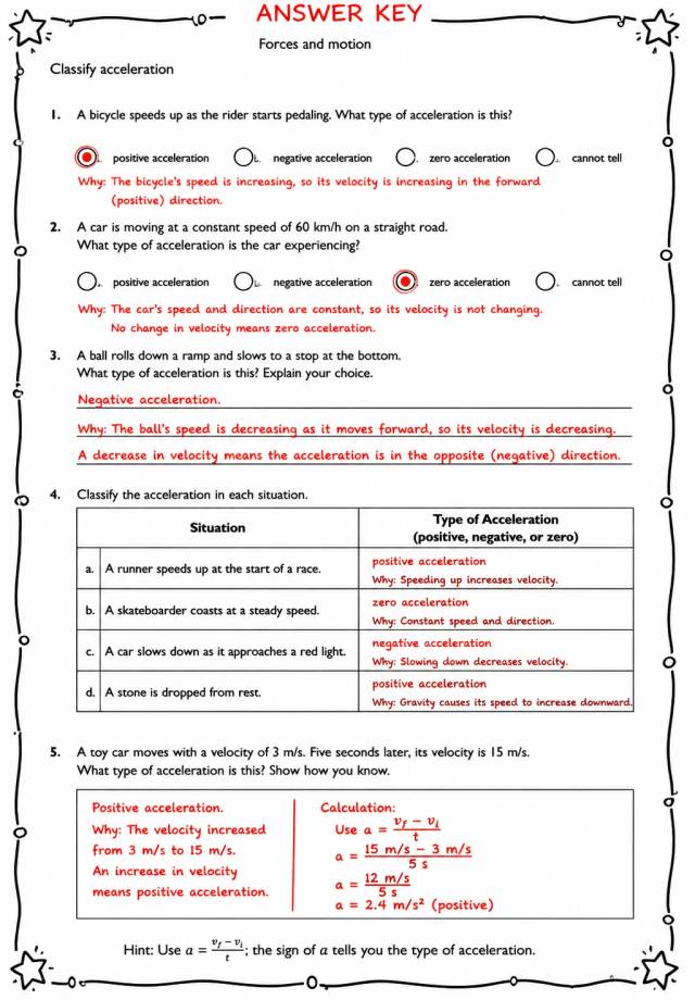 Answer key for Classify acceleration — free printable Science worksheet