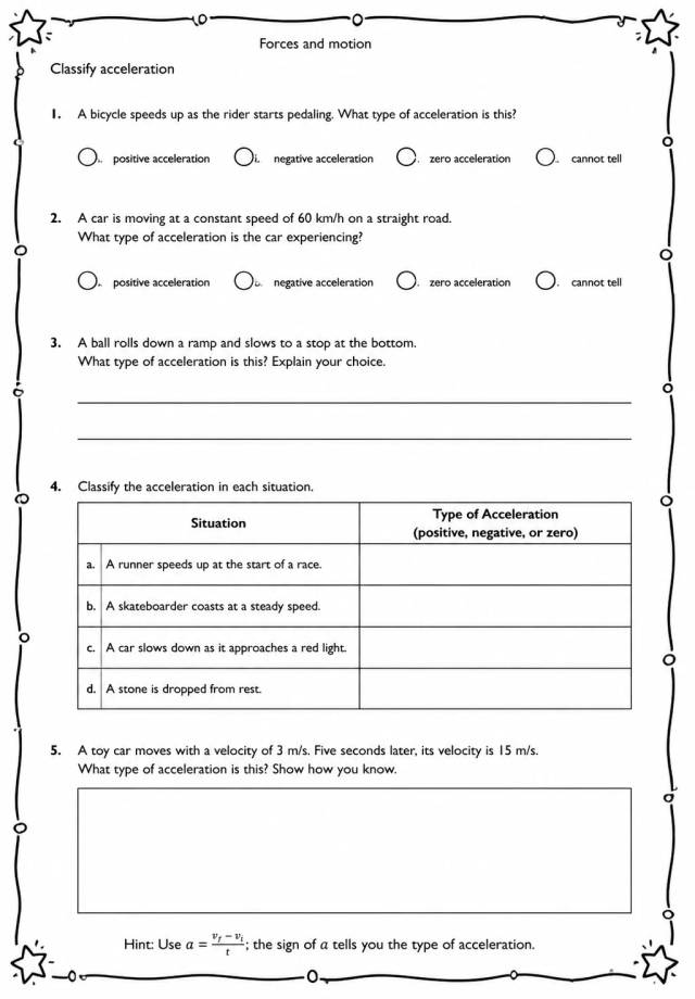 Classify acceleration — free printable Middle School Science worksheet