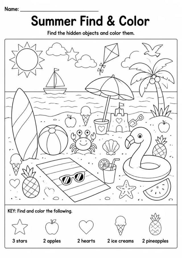 Summer find & color worksheet for Grade 2