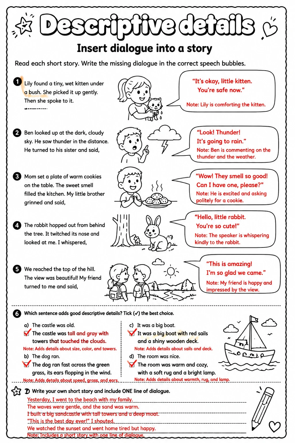 Answer key for Insert dialogue into a story — free printable English & Reading worksheet