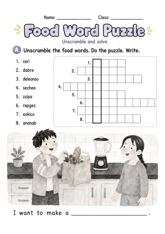 Food Word Puzzle | Grade 2 Vocabulary Worksheet grade 2 printable PDF preview