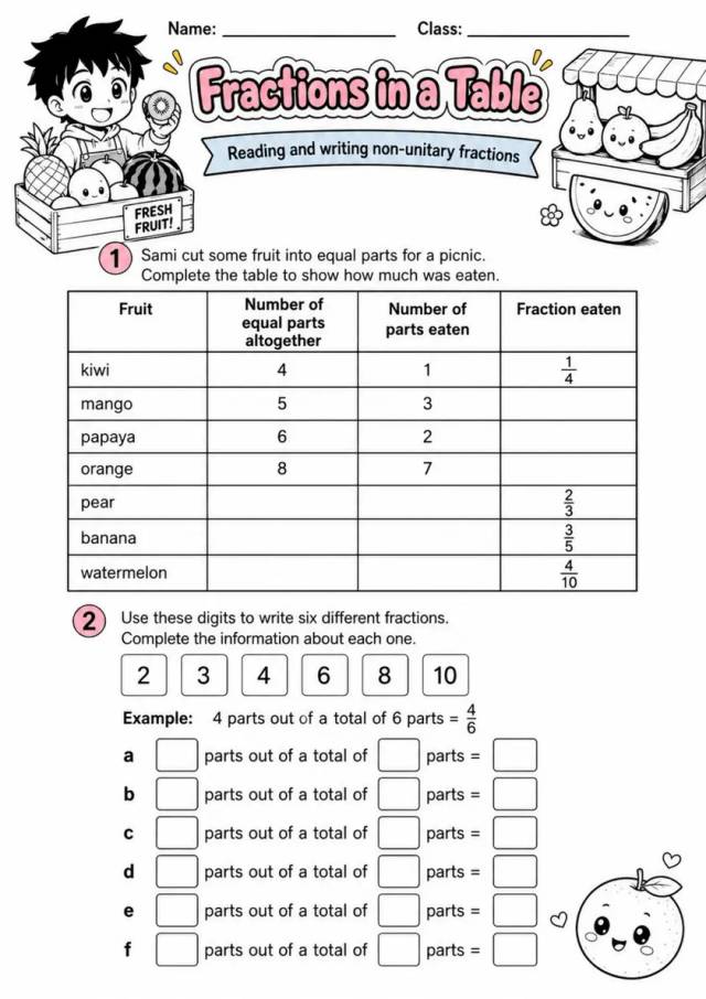 Fractions in a Table - Grade 3 Math Worksheet grade 3 printable PDF preview