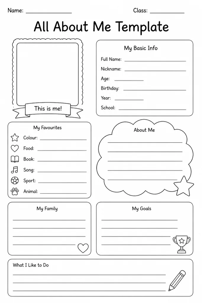 Blank printable All About Me template with profile sections and a self-portrait box for students PreK through Grade 6