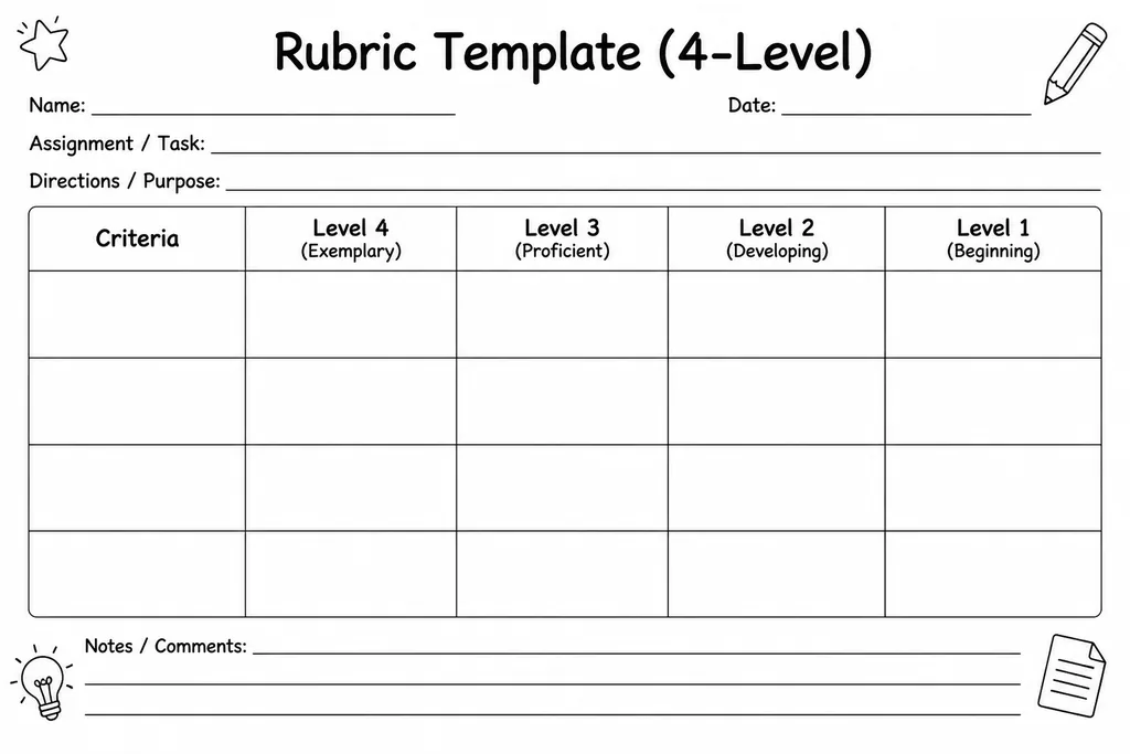 Blank printable 4-level rubric template with criteria rows on the left and four performance level columns across the top