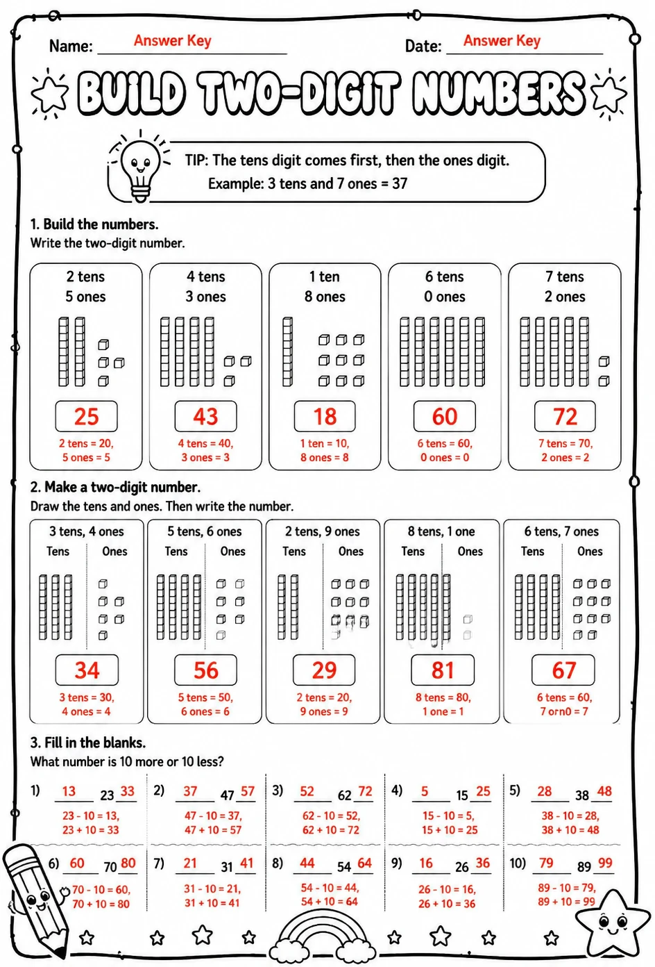 Answer key for Build two-digit numbers — free printable Math worksheet