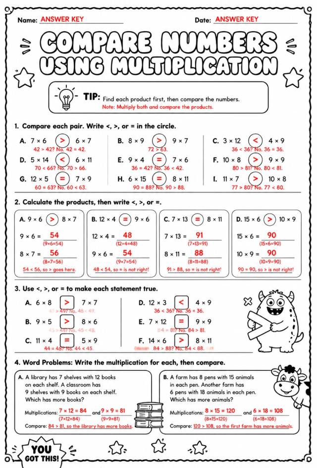 Answer key for Compare numbers using multiplication — free printable Math worksheet