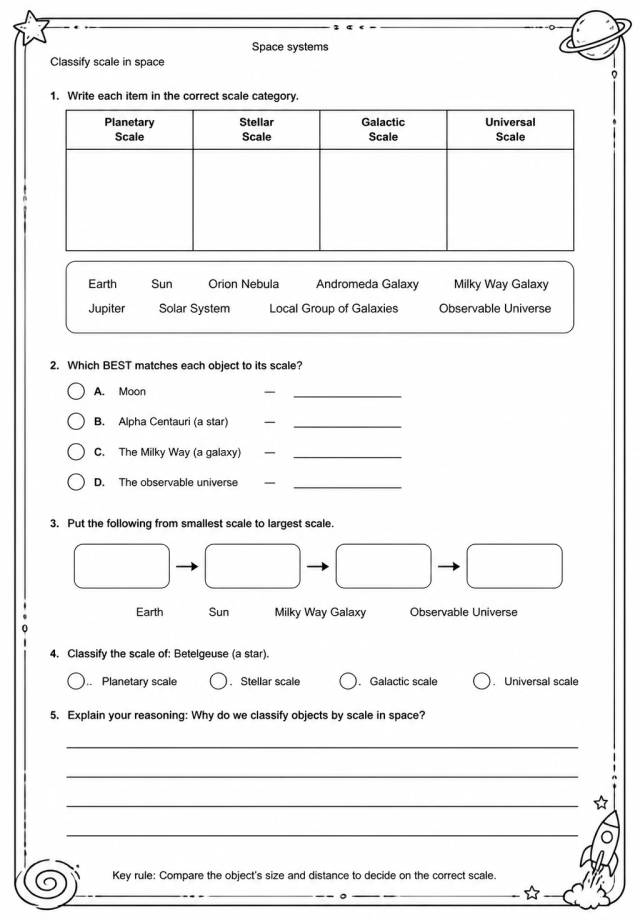 Classify scale in space — free printable Grade 5 Science worksheet