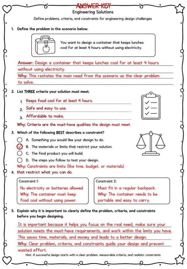 Answer key for Define problems, criteria, and constraints for engineering design challenges — free printable Science worksheet