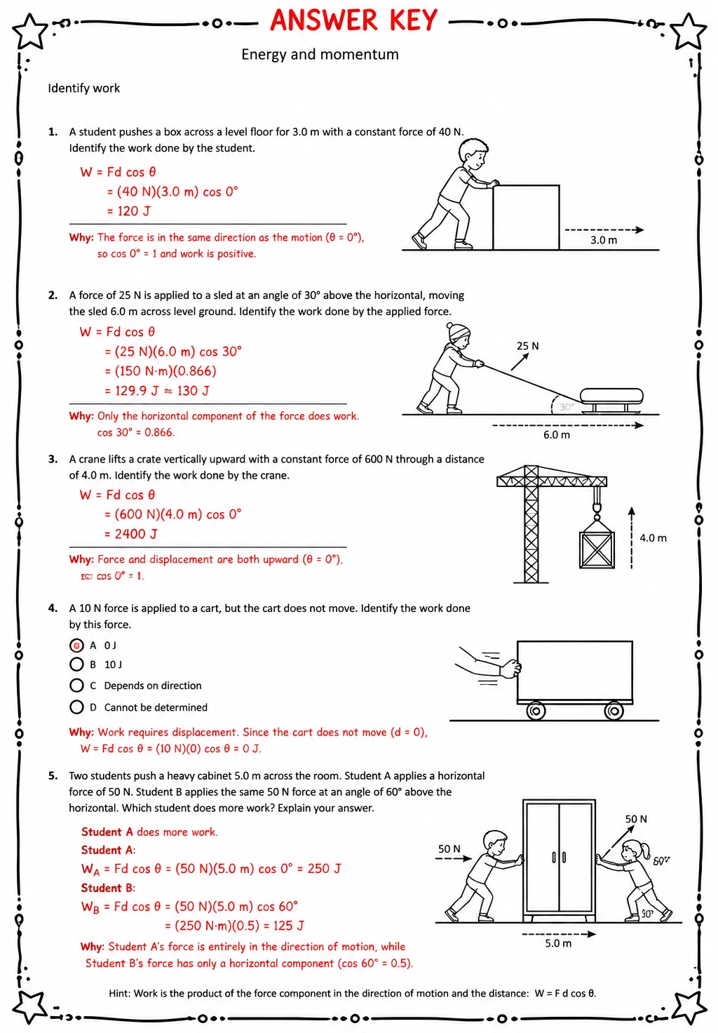 Answer key for Identify work — free printable Science worksheet