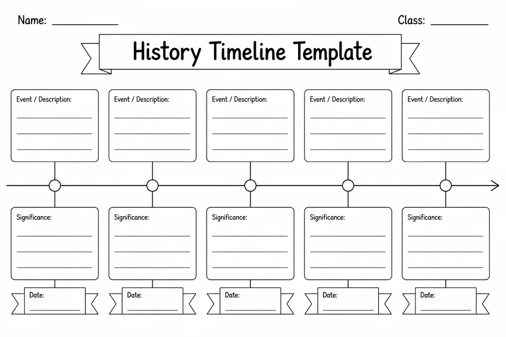 Blank printable history timeline template with a horizontal track, evenly spaced date markers, and open event boxes above and below the line