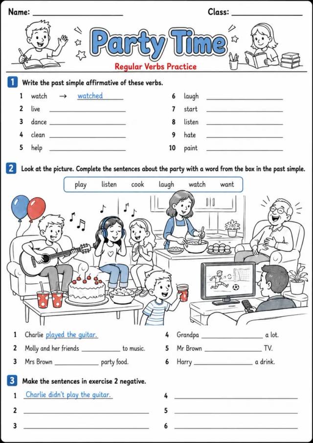 Regular Past Simple: Party Time 2 | Grades 3-4 Grammar Worksheet grades 3 4 printable PDF preview