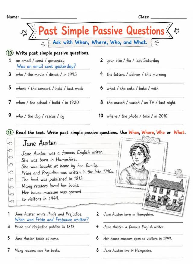 Past Simple Passive Questions | Grade 5 Grammar Worksheet grade 5 printable PDF preview
