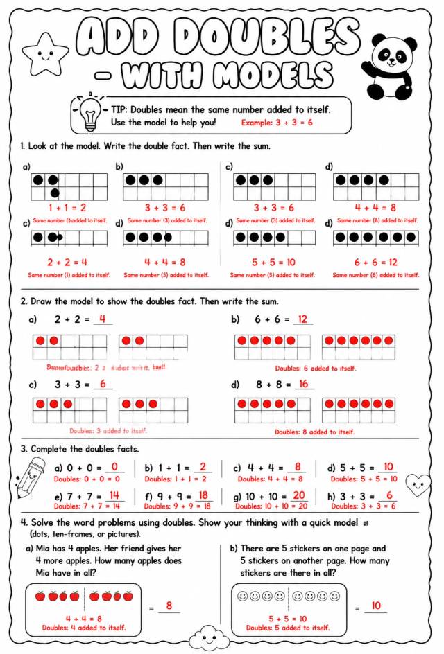 Answer key for Add doubles - with models — free printable Math worksheet