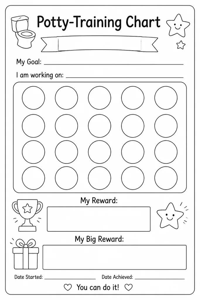 Blank potty-training reward progress chart printable with daily rows, empty sticker boxes, and a reward milestone section