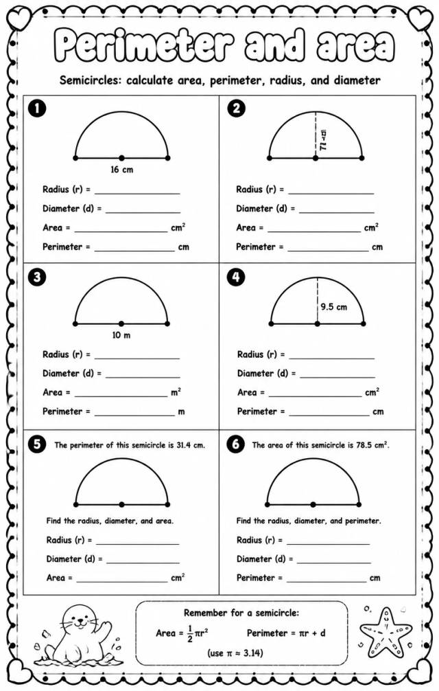 Semicircles: calculate area, perimeter, radius, and diameter — free printable Grade 7 math worksheet