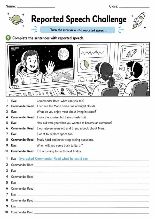 Reported Speech Challenge | Grades 5-6 Grammar Worksheet grades 5 6 printable PDF preview