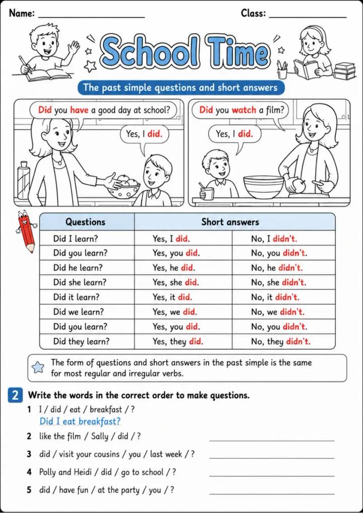 Past Simple Questions Pack - 4 Worksheets | Grades 3-4 Grammar grades 3 4 printable PDF preview