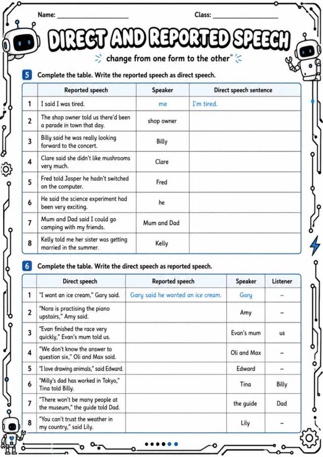 Direct And Reported Speech | Grades 5-6 Grammar Worksheet grades 5 6 printable PDF preview