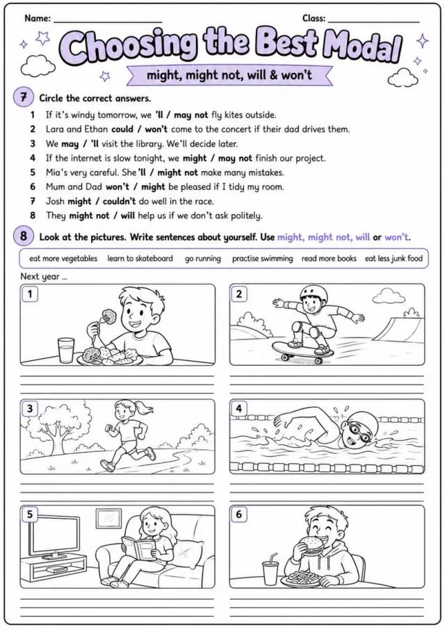 Choosing The Best Modal | Grade 5 Grammar Worksheet grade 5 printable PDF preview