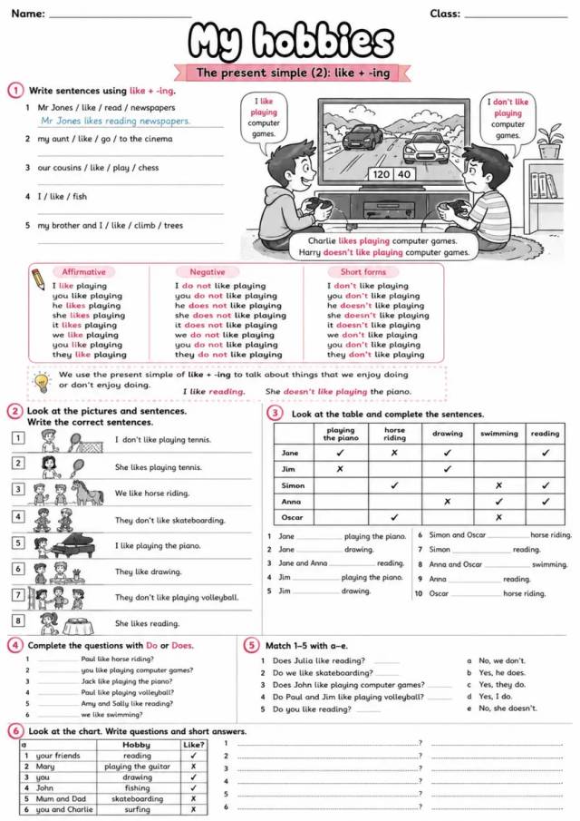 Like Plus Ing: My Hobbies | Grades 3-4 Grammar Worksheet - WKS-ELA-grade-3-4-GRM-0018-EN grades 3 4 printable PDF preview
