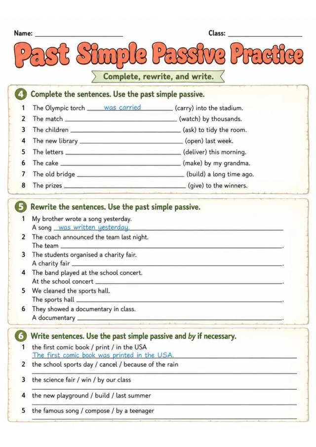 Past Simple Passive Practice | Grade 5 Grammar Worksheet grade 5 printable PDF preview