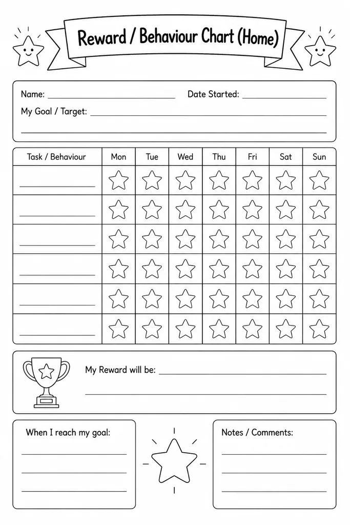 Blank printable reward and behaviour chart with rows for goals and star-rating columns for each day of the week, designed for home use with children PreK through Grade 6