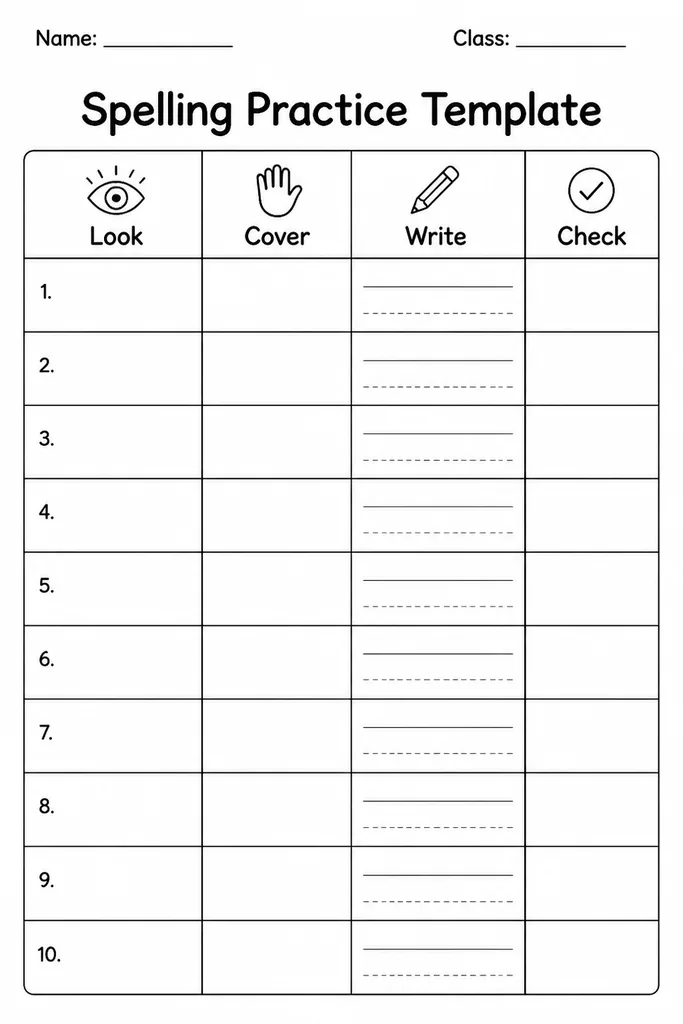 Blank printable spelling practice template with four labelled columns — Look, Cover, Write, Check — and rows for up to 15 words
