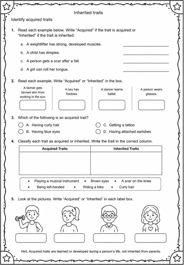 Identify acquired traits — free printable Grade 5 Science worksheet