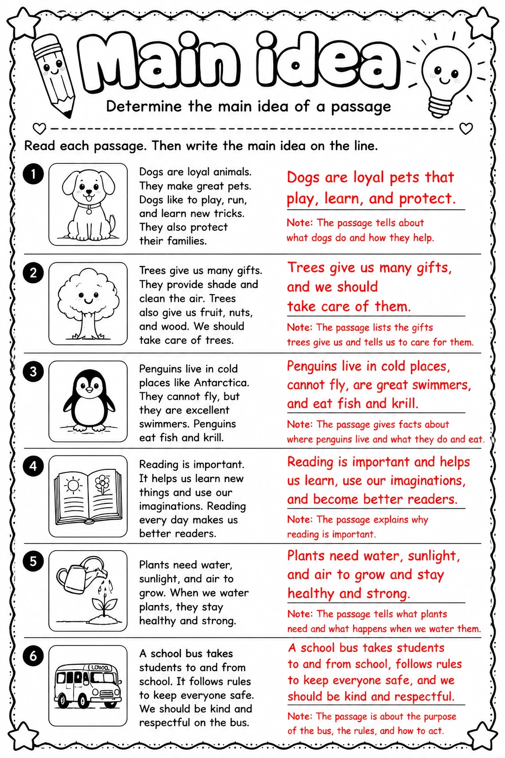 Answer key for Determine the main idea of a passage — free printable English & Reading worksheet