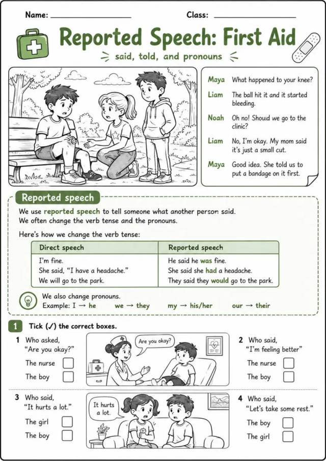 Reported Speech: First Aid | Grade 5 Grammar Worksheet grade 5 printable PDF preview