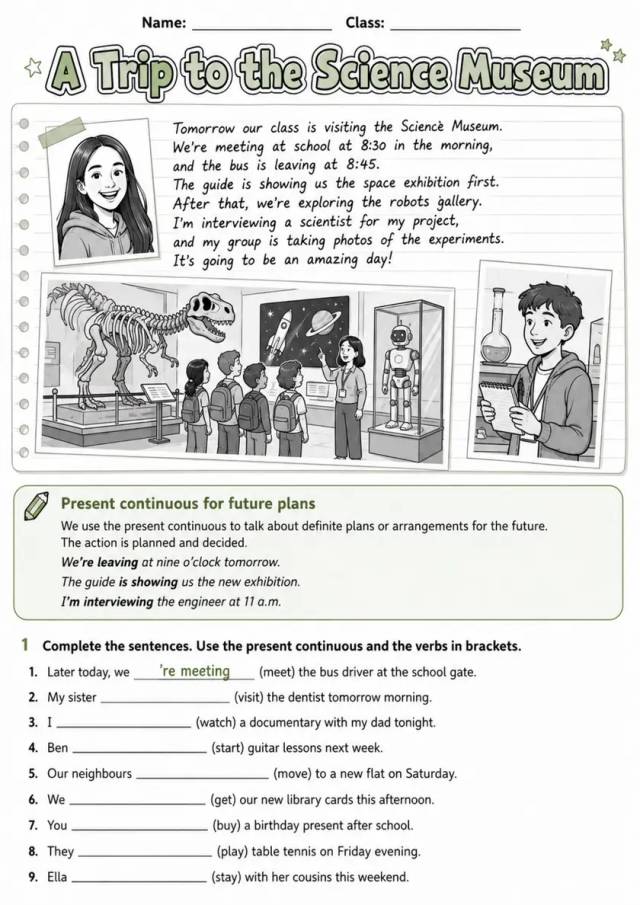Future Forms: A Trip To The Science Museum | Grades 5-6 Grammar Worksheet grades 5 6 printable PDF preview