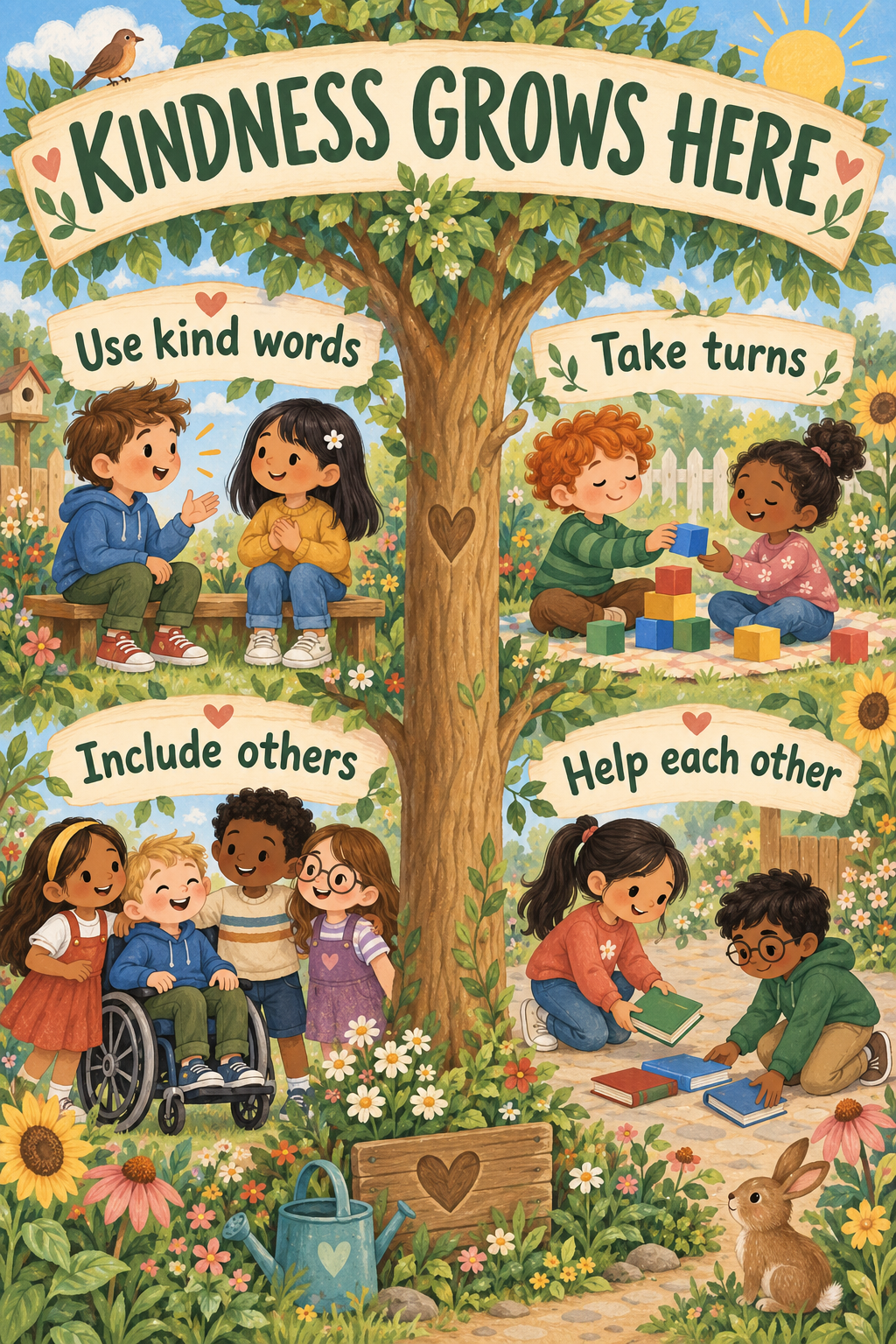 Gouache garden poster with children illustrating use kind words, take turns, include others and help each other under Kindness Grows Here.