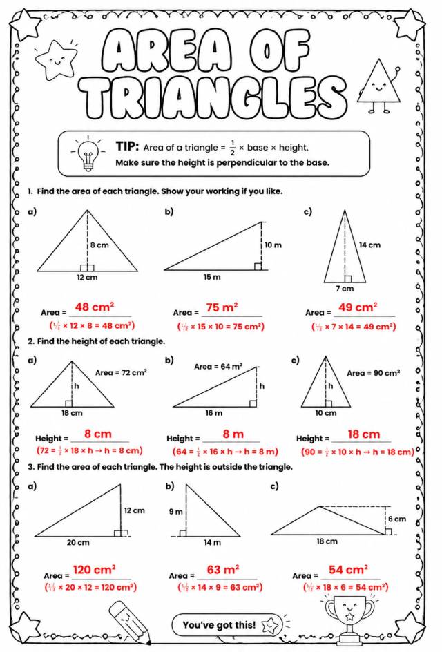 Answer key for Area of triangles — free printable Math worksheet