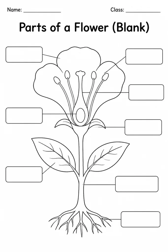 Blank printable parts-of-a-flower diagram with empty label lines pointing to petal, sepal, stamen, pistil, stem and roots