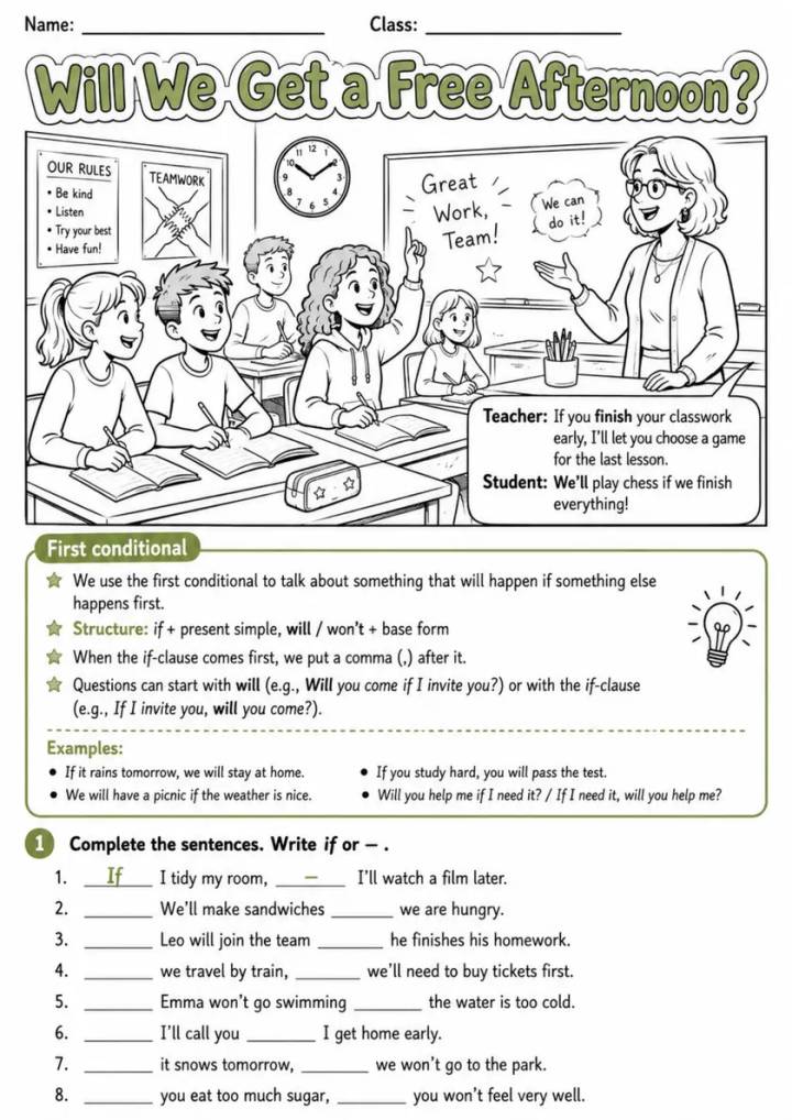 First Conditional Pack - 4 Worksheets | Grades 5-6 Grammar grades 5 6 printable PDF preview