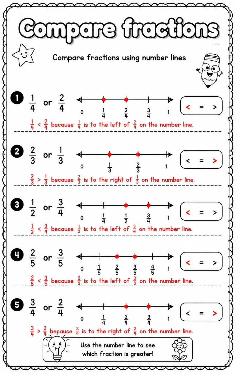 Answer key for Compare fractions using number lines — free printable Math worksheet