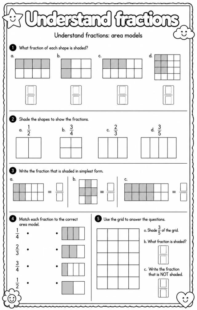 Understand fractions: area models — free printable Grade 3 math worksheet